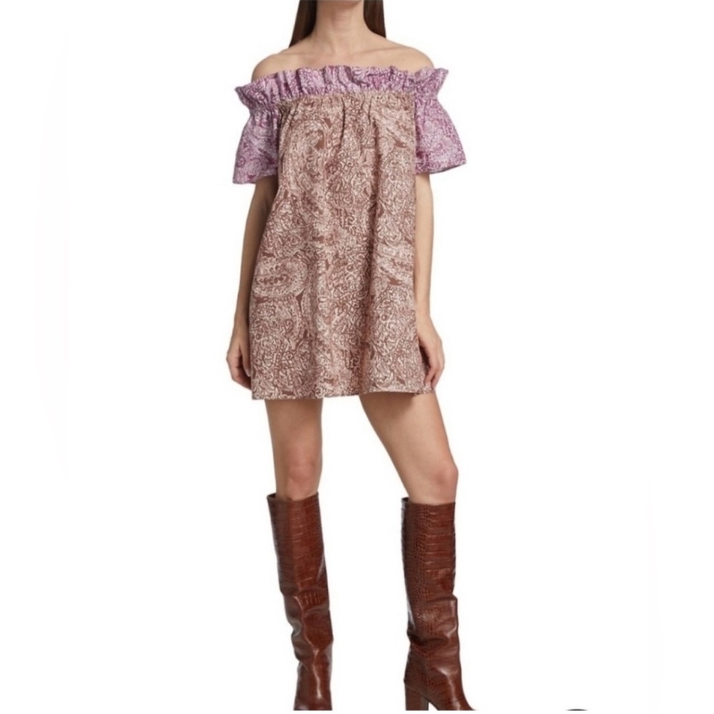 Free People - Sophie Printed Off Shoulder Mini Dress Purple Brown Size XS - NWOT